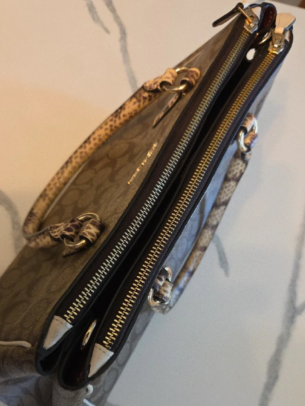 Coach Khaki Signature Satchel with Snake-Print Trim